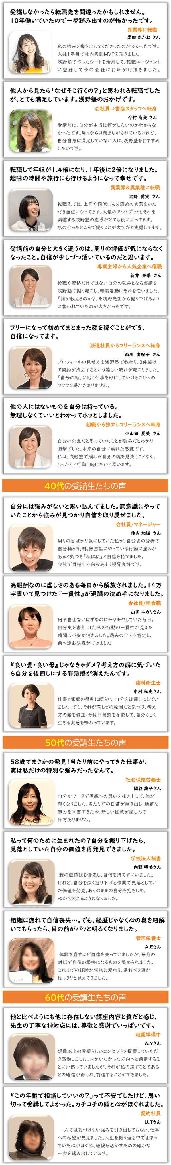 20代も60代も今が一番面白い。受講生から届く喜びの声 15年で2,000人が証明。迷いを捨てて動く自分へ  「私には何もない」「やりたいことがわからない」と悩む方も、過去を棚卸しして導き出した次のステップで現実を変えています。